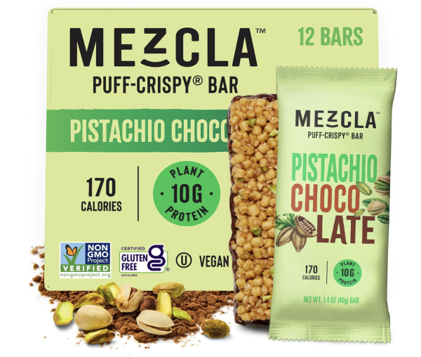 Mezcla Vegan Protein Bars, Gluten Free Snack Made with Dark Chocolate, Pea Protein, Pistachios and Other Premium Ingredients, Dubai Chocolate Bar, Healthy Snacks, Pistachio Chocolate, 10g of Protein, 12 Pack